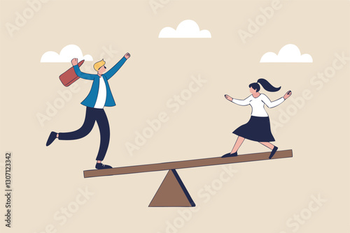 Gender equality, treat female and male equally, diversity or balance, fairness and justice concept, businessman and businesswoman balancing on equal seesaw.
