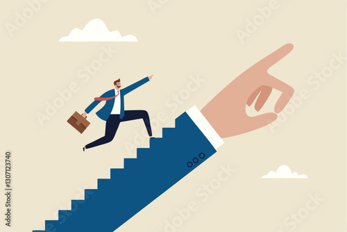 Success step, leadership or career path growth strategy, motivation and determination to grow and success, stairway to achieve target concept, businessman step up stairway on leader pointing hand.