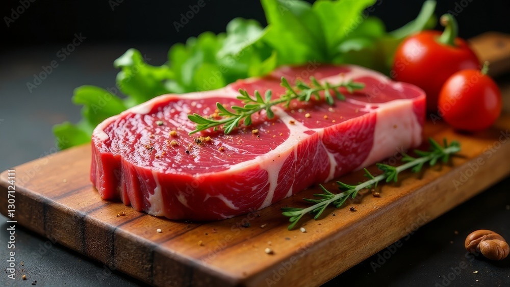 A succulent cut of seasoned beef steak rests on a rustic wooden board, adorned with fresh herbs and ripe red tomatoes, ready for grilling or pan-searing. A succulent cut of seasoned beef steak rests on a rustic wooden board, adorned with fresh herbs and ripe red tomatoes, ready for grilling or pan-searing.