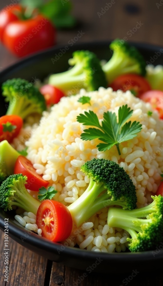 Fluffy rice, crunchy vegetables, bright broccoli florets , top view, wholesome Fluffy rice, crunchy vegetables, bright broccoli florets , top view, wholesome