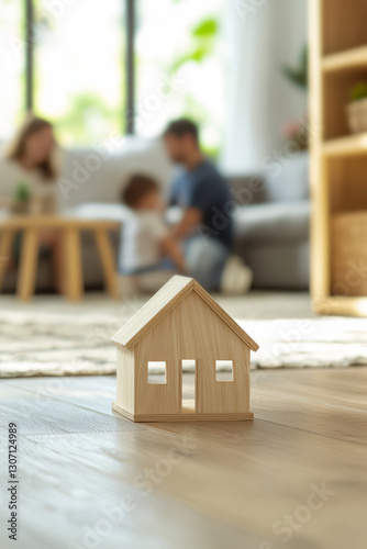 A wooden house is on the floor in front of a family