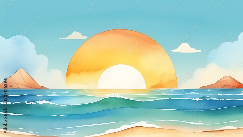 Fototapeta premium Watercolor Ocean Sunset with Island Silhouettes and Calm Water Waves