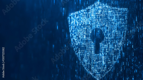 A digital shield icon illuminated by binary code, symbolizing cybersecurity and data protection.