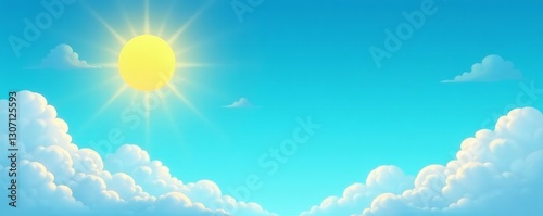 Simple cartoon sun and clouds in clear blue sky, sunny, weather