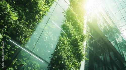 A modish office environment transitioning to green business practices, with innovative green marketing strategies driving the transformation towards a sustainable future.
