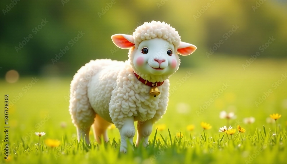 Smiling fluffy sheep with a bell around its neck standing in a meadow, meadow, animal Smiling fluffy sheep with a bell around its neck standing in a meadow, meadow, animal