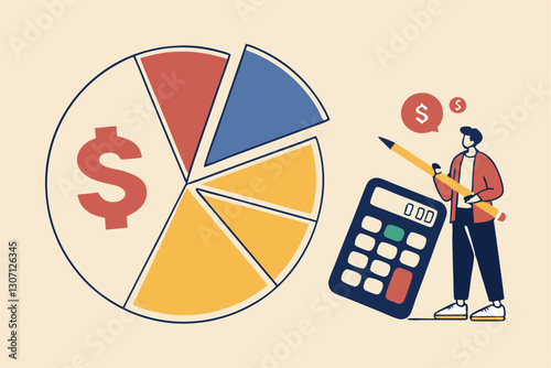 Cost structure, expense and income balance calculation, revenue, debt and investment analysis, money management, budget or saving concept, businessman with calculator with pie chart of cost structure.