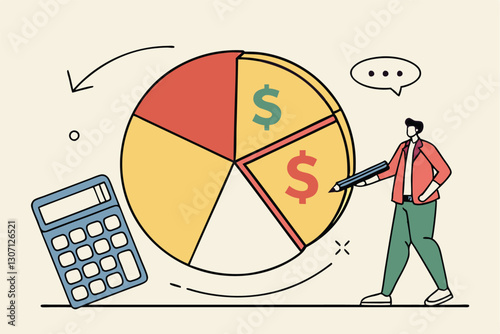 Cost structure, expense and income balance calculation, revenue, debt and investment analysis, money management, budget or saving concept, businessman with calculator with pie chart of cost structure.