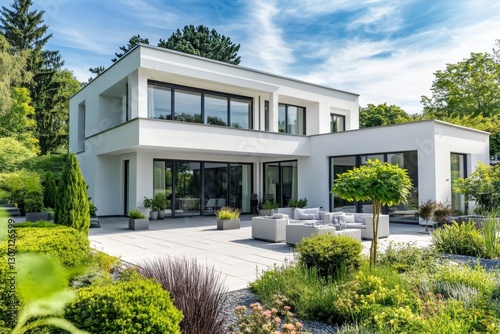 Close-up front view of contemporary white villa with patio and summer greenery
