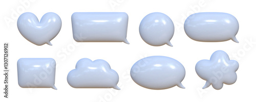 Inflated 3D speech bubbles with a reflective texture displayed against a neutral background, showcasing various shapes and sizes ideal for creative communication designs