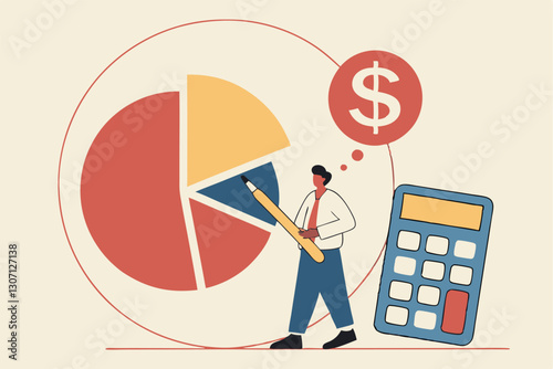 Cost structure, expense and income balance calculation, revenue, debt and investment analysis, money management, budget or saving concept, businessman with calculator with pie chart of cost structure.