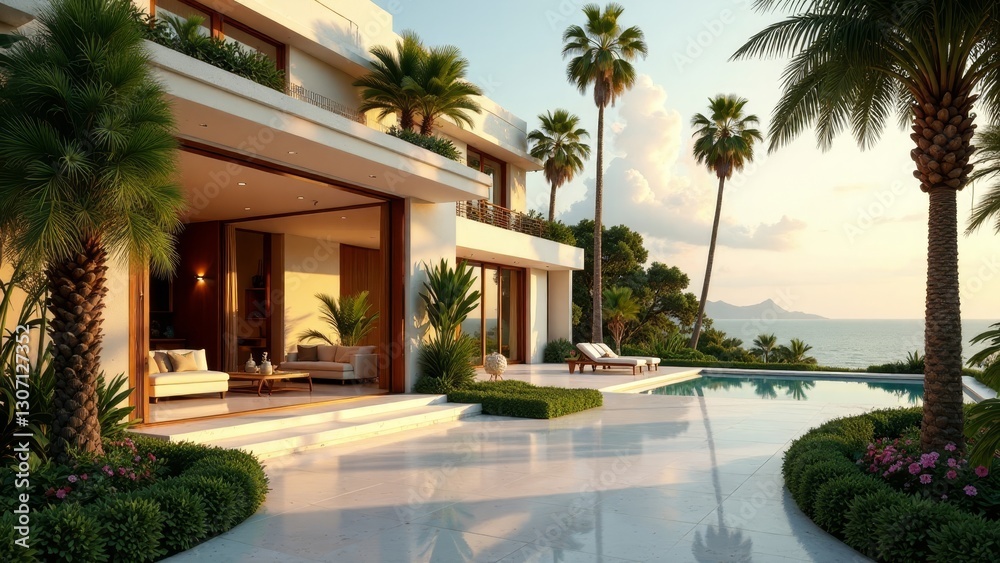 Fototapeta premium Luxury Coastal Residence with Infinity Pool and Tranquil Sunset Views