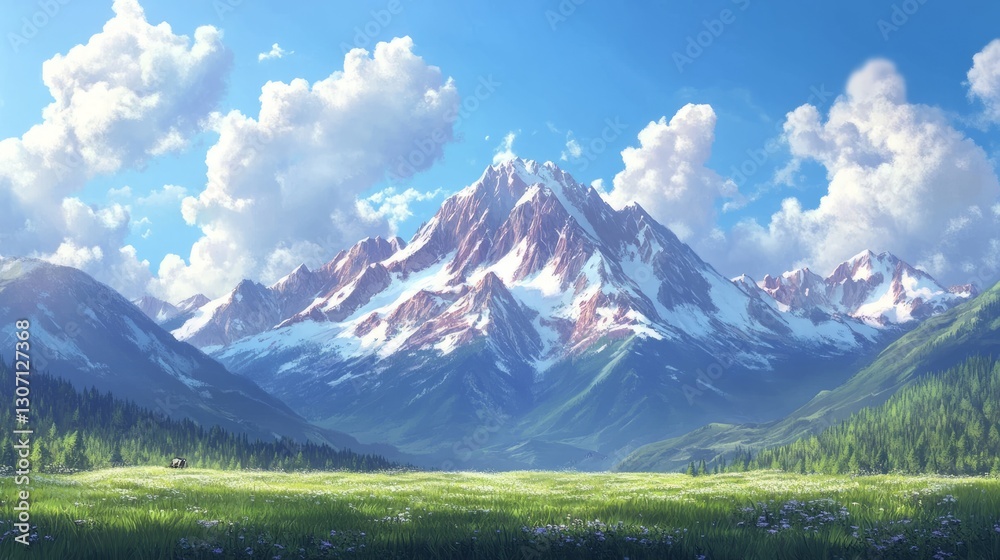 A mountain landscape with snow-capped peaks, soft clouds in the sky, peaceful and majestic, ultra-detailed, 4K. A mountain landscape with snow-capped peaks, soft clouds in the sky, peaceful and majestic, ultra-detailed, 4K.