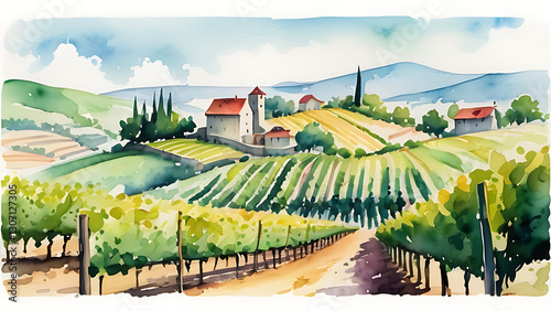 Watercolor Painting of Vineyard Landscape with Farmhouse and Rolling Hills