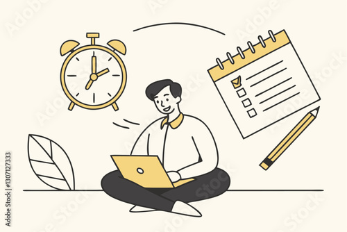 Self discipline or self control to complete work or achieve business target, time management to increase productivity concept, businessman meditate balancing clock and calendar on completed task paper