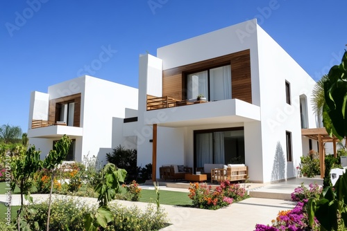 Close-up front view of modern villa with wood accents and garden in summer
