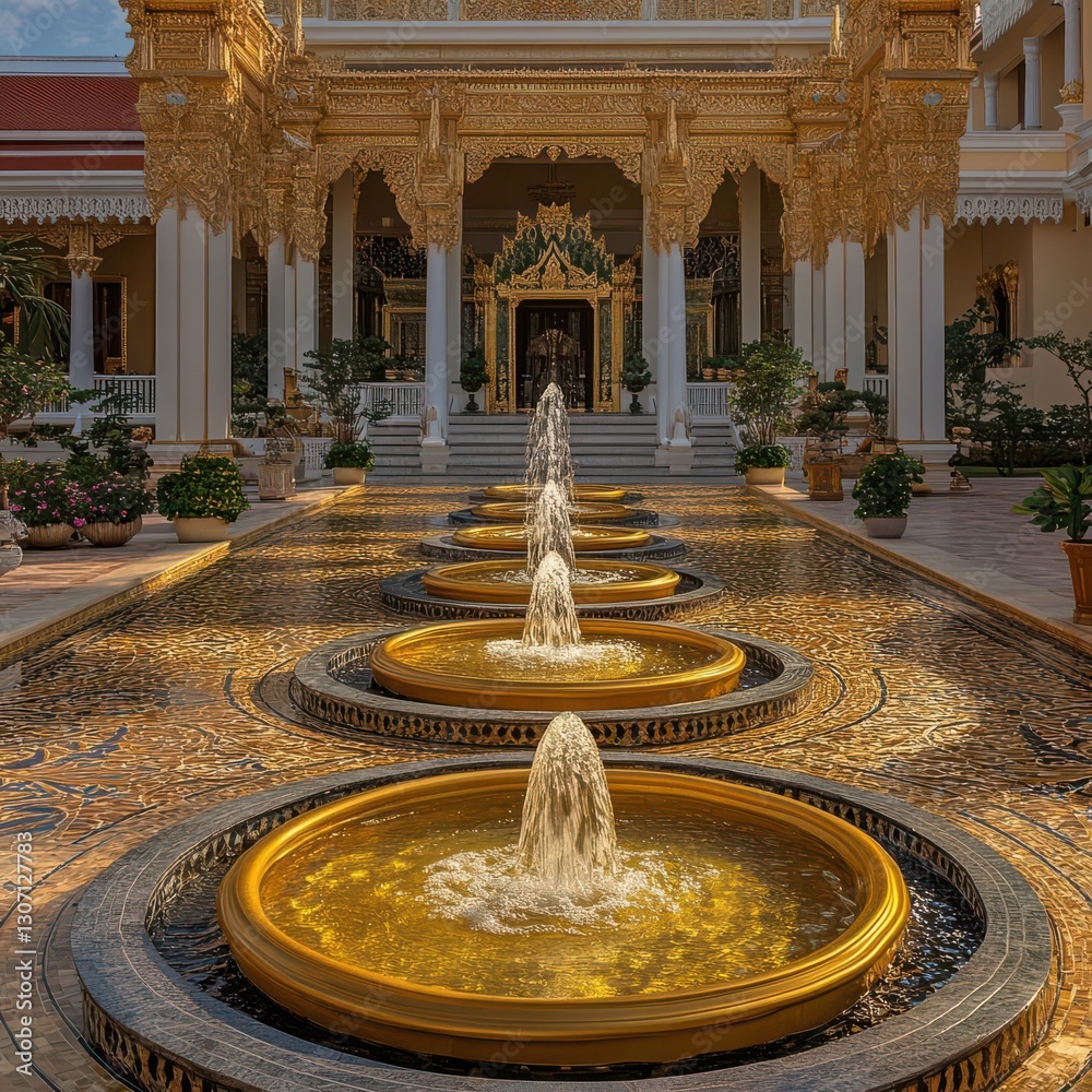 Obraz premium Design an opulent Thai palace courtyard featuring golden water fountains in intricate patterns, exuding luxury and beauty, sure to captivate and impress