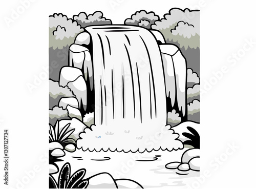 Elegant black and white line art illustration of a waterfall in a lush, mountainous landscape with flowing lines, intricate textures, and dynamic composition—minimalist yet highly detailed natural 