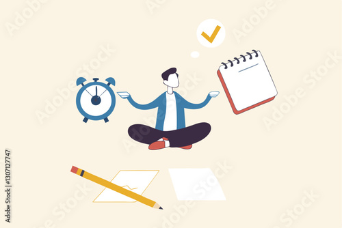 Self discipline or self control to complete work or achieve business target, time management to increase productivity concept, businessman meditate balancing clock and calendar on completed task paper