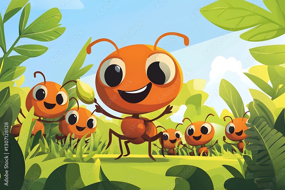 Obraz premium Happy Ants Teamwork Cartoon Illustration Nature, Teamwork, and Fun