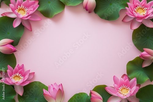 Moldura floral com flor de lótus rosa e folhas verdes vibrantes sobre fundo rosa suave, criada com IA generativa para um design delicado e natural