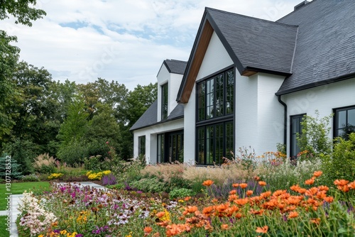 Close-up side view of contemporary villa with dark roof and landscaped garden
