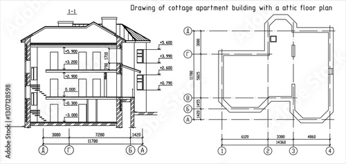 Vector architectural engineering construction
drawing of private residential building
with dimensional lines. Industrial hand design
on white sheet of paper. Blueprint of multistory
suburban cottage.