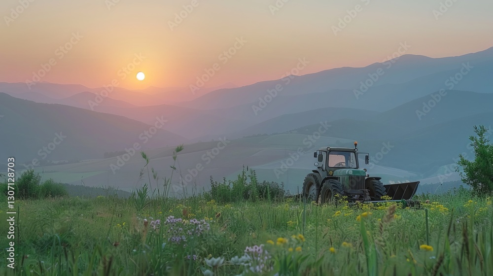 Fototapeta premium Tranquil sunrise over mountain meadow with tractor.