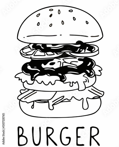 Hand-drawn black and white burger illustration in detailed line art style, showcasing a classic hamburger with buns, lettuce, and layers—perfect monochrome sketch for fast food or retro design themes.