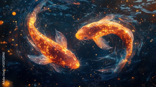 Stunning Digital Artwork of Two Glowing Koi Fish Swimming in a Mystical Water Setting with Sparkling Light Effects