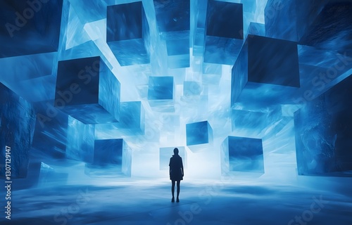 A person stands in a surreal landscape filled with floating blue cubes.