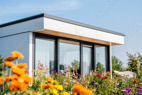 Close-up straight-on view of modern white villa with floor-to-ceiling windows and garden
