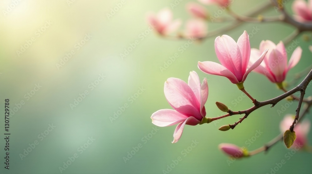 Delicate Pink Magnolia Blossoms Illuminated by Gentle Sunlight on a Soft Green Background Delicate Pink Magnolia Blossoms Illuminated by Gentle Sunlight on a Soft Green Background