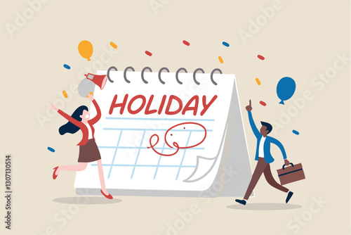 Company holiday for employee to take a break and recharge, employee appreciation day or long holiday happiness concept, business people with big calendar jumping with joy to celebrate long holiday.