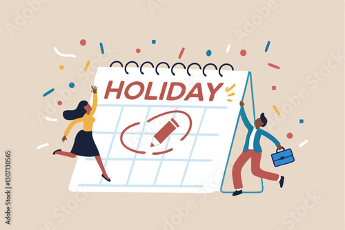 Company holiday for employee to take a break and recharge, employee appreciation day or long holiday happiness concept, business people with big calendar jumping with joy to celebrate long holiday.