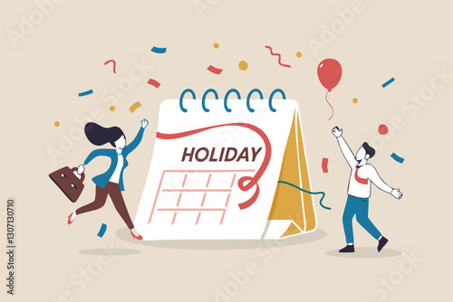 Company holiday for employee to take a break and recharge, employee appreciation day or long holiday happiness concept, business people with big calendar jumping with joy to celebrate long holiday.