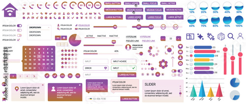 Set of UI/UX elements for websites and mobile applications: buttons, forms, menus, panels, icons, login, payment, rating. Modern design for convenient interaction and business planning