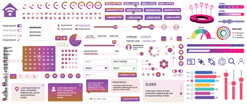 Set of UI/UX elements for websites and mobile applications: buttons, forms, menus, panels, icons, login, payment, rating. Modern design for convenient interaction and business planning