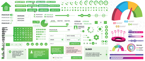 Set of UI/UX elements for websites and mobile applications: buttons, forms, menus, panels, icons, login, payment, rating. Modern design for convenient interaction and business planning