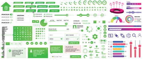 Set of UI/UX elements for websites and mobile applications: buttons, forms, menus, panels, icons, login, payment, rating. Modern design for convenient interaction and business planning