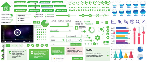 Set of UI/UX elements for websites and mobile applications: buttons, forms, menus, panels, icons, login, payment, rating. Modern design for convenient interaction and business planning