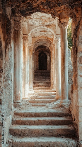 Ancient Stone Staircase Leading Through Weathered Columns into a Dark Passageway Surrounded by Foliage