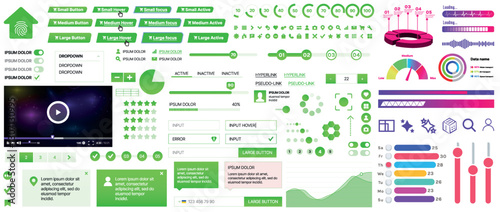 Set of UI/UX elements for websites and mobile applications: buttons, forms, menus, panels, icons, login, payment, rating. Modern design for convenient interaction and business planning