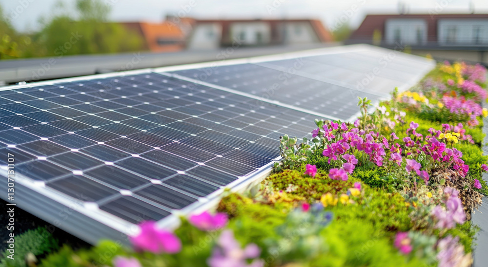 Fototapeta premium Solar panels are installed on a rooftop covered with vibrant flowers, showcasing sustainable energy and urban greenery under clear skies