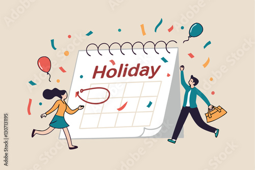 Company holiday for employee to take a break and recharge, employee appreciation day or long holiday happiness concept, business people with big calendar jumping with joy to celebrate long holiday.