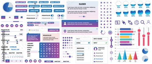 Set of UI/UX elements for websites and mobile applications: buttons, forms, menus, panels, icons, login, payment, rating. Modern design for convenient interaction and business planning
