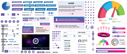 Set of UI/UX elements for websites and mobile applications: buttons, forms, menus, panels, icons, login, payment, rating. Modern design for convenient interaction and business planning