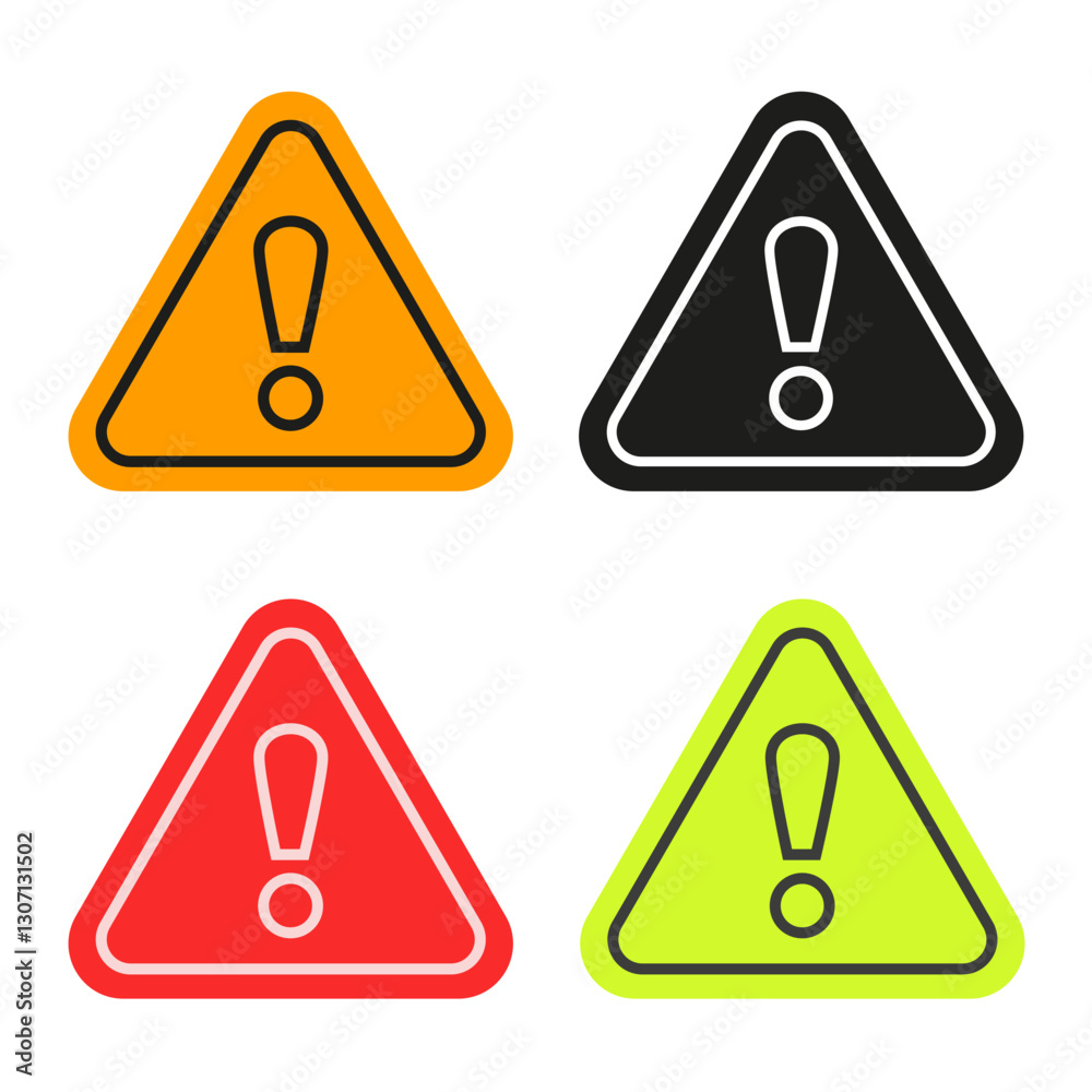 Set of warning exclamation signs. Triangular yellow red and black warning signs. Set of warning exclamation signs. Triangular yellow red and black warning signs.