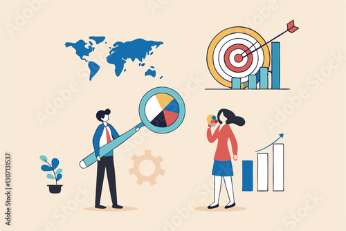 Customer research for marketing, study user behavior or analyze target group for advertising and marketing concept, businessman looking at big magnifier with customer group to see data analysis.