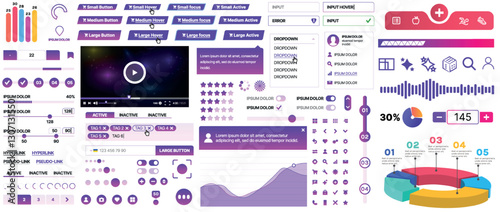 Set of UI/UX elements for websites and mobile applications: buttons, forms, menus, panels, icons, login, payment, rating. Modern design for convenient interaction and business planning
